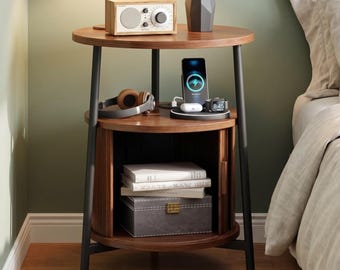Round Side Table with Charging Station & Hidden Storage | 2-Tier End Table with USB Outlets | Nightstand for Bedroom Living Room