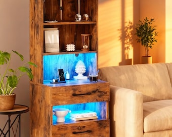 Tall Dresser with LED Light & Charging Station | tall, dresser, led, light, charging, station, drawer, chest, open, shelves, bedroom,storage