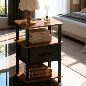 May include: A three-tiered nightstand with a warm wood finish and black metal supports. The top shelf holds a lamp, a remote, and a diffuser. The middle shelf has two beige boxes, and the bottom shelf has a drawer and books.