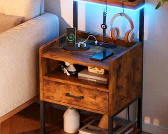 Nightstand with Charging Station  LED Light | Industrial Bedside Table with Drawer | Rustic Wood End Table with USB Ports & Headphone Hook