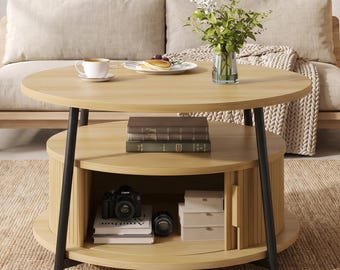Round Coffee Table with Hidden Storage | Fluted Wood & Metal | Sliding Door 3-Tier Living Room Table | Mid Century Boho