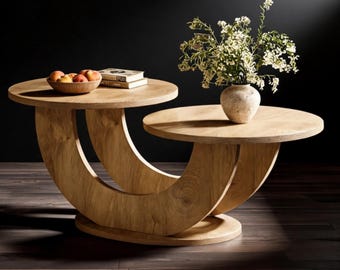 Round Sculptural Coffee Table with Double Tops & Hidden Storage | Split-Level Wood Living Room Table | Oak or Walnut Finish