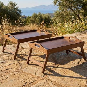 Set of 2 Bamboo Bed Tray Tables , Folding Legs , walnut desk, solid wood desk, resin , snack , coffee serving , desk organizer , lap desk