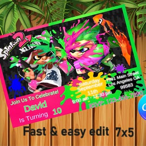 Puede incluir: Una colorida tarjeta de invitación con personajes de Splatoon 2. El diseño incluye elementos verdes, rosas y negros, con el texto "David Cumple 10" y detalles del evento. La tarjeta mide 7x5 pulgadas.