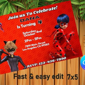 May include: Red invitation card with cartoon characters and text. The card says "Join us To Celebrate! DANA Is Turning 4" with event details. Includes "Fast & easy edit 7x5" and a Canva logo.