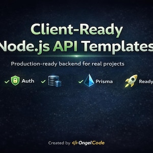 May include: A dark blue graphic with the text "Client-Ready Node.js API Templates." Icons include a shield with a lock, database, a blue diamond, and a rocket ship. The text "Production-ready backend for real projects" is also present.