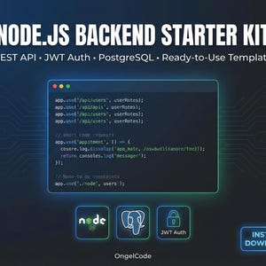May include: A dark blue graphic advertising a Node.js backend starter kit. The image features code snippets, logos for Node.js, PostgreSQL, and JWT Auth, and the text "Instant Download."