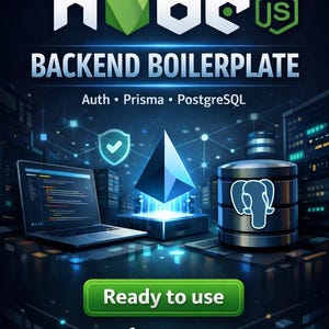 May include: A digital graphic promoting a backend boilerplate. The image features the Node.js logo, the text "BACKEND BOILERPLATE", and the words "Auth, Prisma, PostgreSQL". A laptop, database, and other digital elements are also present.