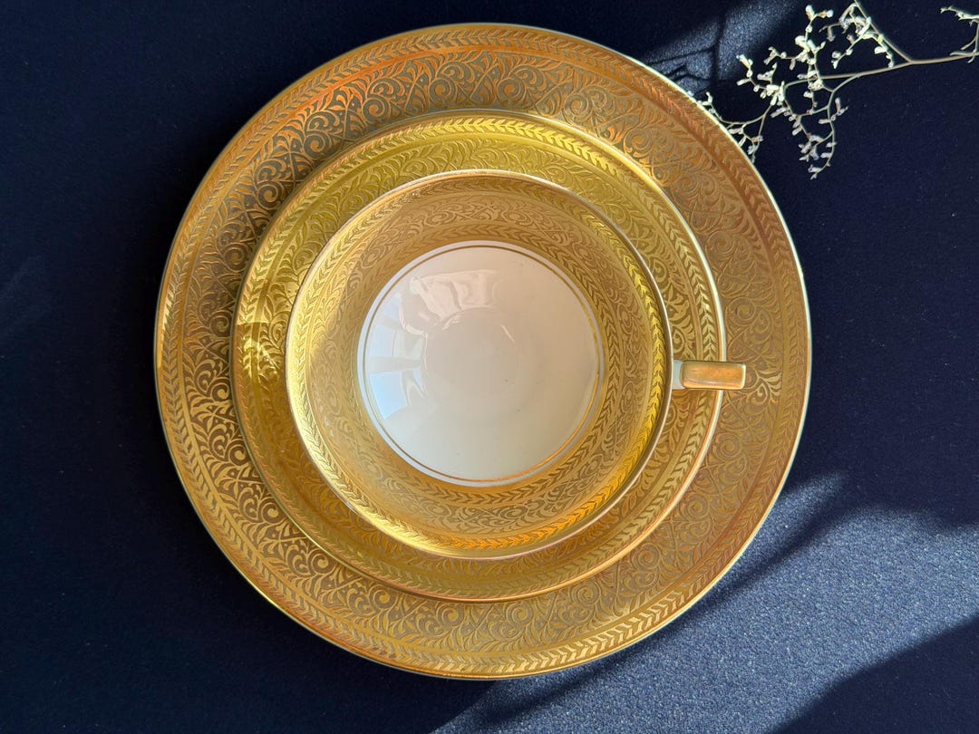Vintage Gold Gilded Porcelain Tea Trio, Mid Century German Bavaria Set ...