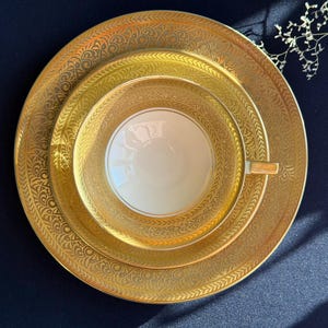 Vintage Gold Gilded Porcelain Tea Trio, Mid Century German Bavaria Set