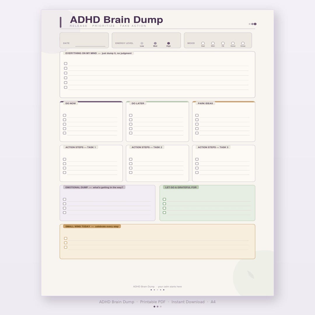 ADHD Brain Dump Worksheet | Executive Dysfunction Planner ...