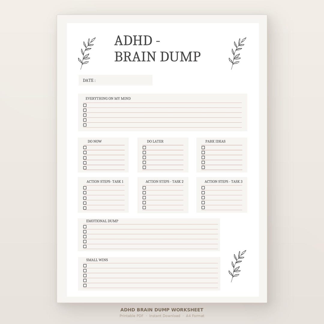 Printable ADHD Brain Dump Worksheet | Executive Dysfunction Template ...