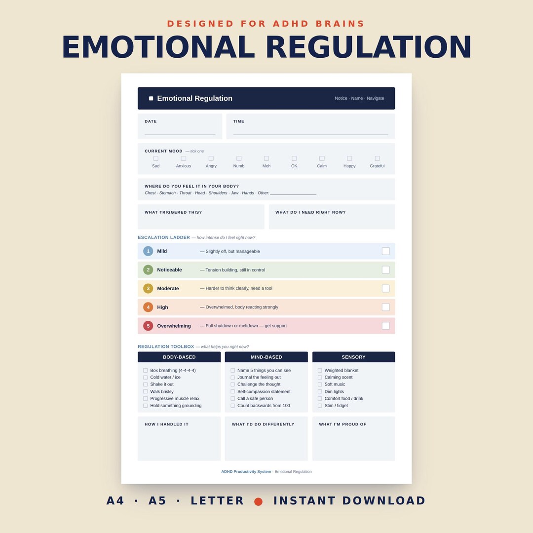 ADHD Emotional Regulation Worksheet | Mood Tracker and Coping Skills ...