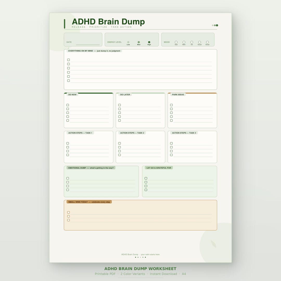 ADHD Brain Dump Worksheet | Executive Dysfunction Planner ...