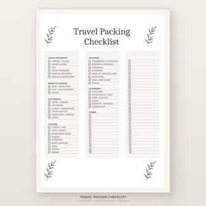 Puede incluir: Una lista de verificación de embalaje de viaje imprimible con categorías para documentos, artículos de aseo, electrónica, ropa y más. La lista de verificación tiene un diseño minimalista con un fondo claro y elementos florales decorativos. El texto "Travel Packing Checklist" está en la parte superior.
