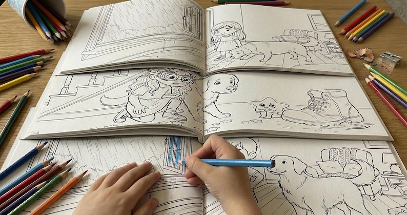 May include: A child's hand using a blue pencil to colour a page in a colouring book. The book shows illustrations of a girl, a dog, a star, and a boot. Coloured pencils and a pencil sharpener are on the wooden table.