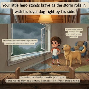 May include: An illustrated children's book depicts a young boy and a golden retriever dog near an open window during a storm. Text includes "Your little hero stands brave as the storm rolls in, with his loyal dog right by his side."