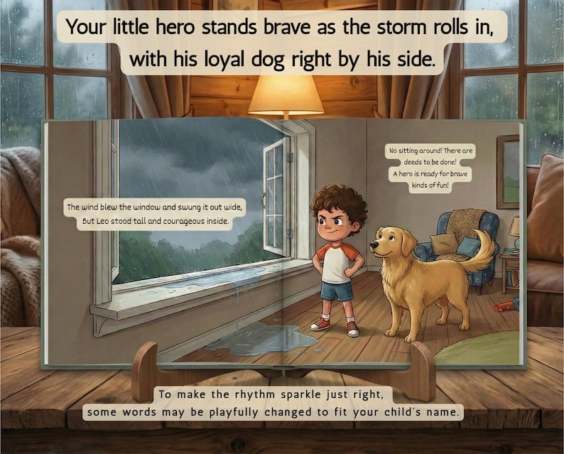 May include: An illustrated children's book depicts a young boy and a golden retriever dog near an open window during a storm. Text includes "Your little hero stands brave as the storm rolls in, with his loyal dog right by his side."