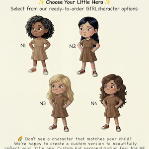 May include: Illustration of four cartoon girls in brown dresses and red trainers, each with a unique hairstyle and skin tone. The image includes text: "Choose Your Little Hero" and details about custom character options.