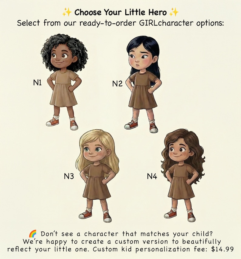 May include: Illustration of four cartoon girls in brown dresses and red trainers, each with a unique hairstyle and skin tone. The image includes text: "Choose Your Little Hero" and details about custom character options.