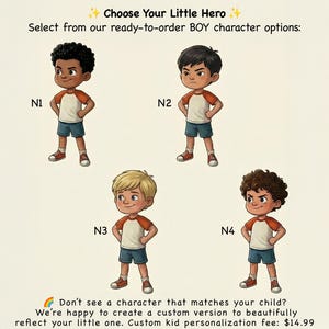 May include: Four cartoon illustrations of boys with varying skin tones and hair, dressed in white and red shirts, blue shorts, and red trainers. Text says "Choose Your Little Hero" and "Select from our ready-to-order BOY character options:"