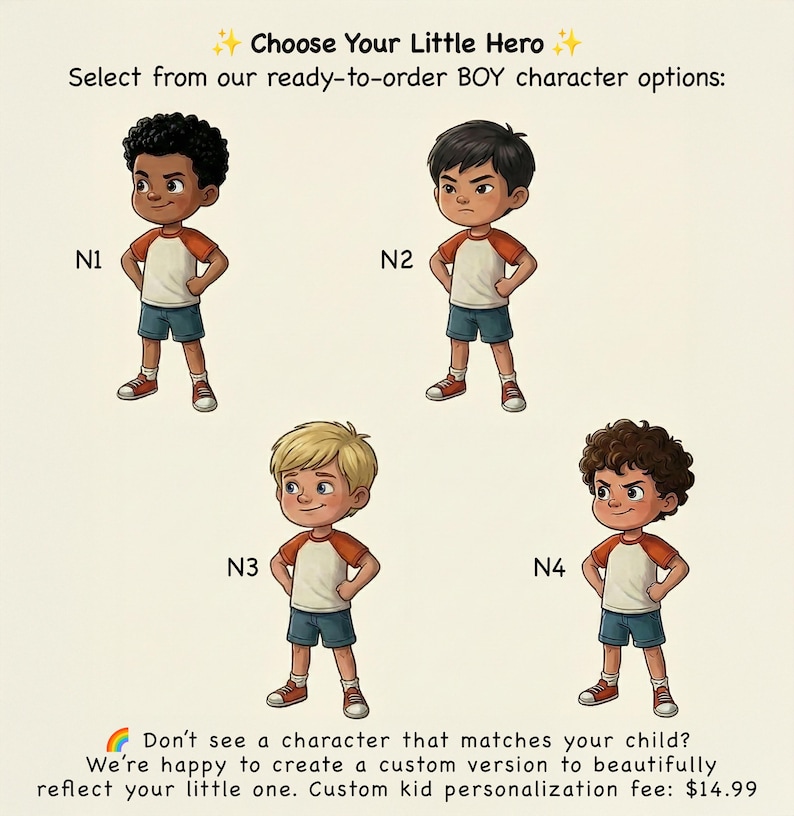 May include: Four cartoon illustrations of boys with varying skin tones and hair, dressed in white and red shirts, blue shorts, and red trainers. Text says "Choose Your Little Hero" and "Select from our ready-to-order BOY character options:"