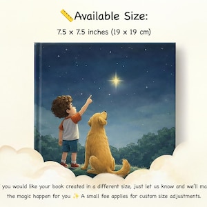 May include: A children's book cover showing a boy and a golden retriever gazing at a star in a night sky. The book measures 19 x 19 cm. The illustration features a dark blue sky, stars, and a forest silhouette, creating a magical scene.