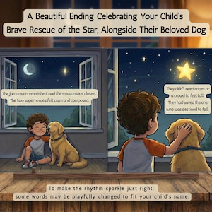 May include: An illustrated children's book showing a boy and a dog. The title reads, "A Beautiful Ending Celebrating Your Child's Brave Rescue of the Star, Alongside Their Beloved Dog." The image includes text from the story and a night sky scene with a crescent moon.