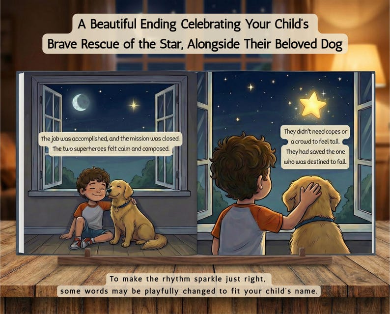May include: An illustrated children's book showing a boy and a dog. The title reads, "A Beautiful Ending Celebrating Your Child's Brave Rescue of the Star, Alongside Their Beloved Dog." The image includes text from the story and a night sky scene with a crescent moon.