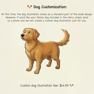 May include: Illustration of a golden retriever dog on a cream background. Text at the top reads "Dog Customization", with information about custom dog illustrations. The image is for a book design, with a friendly cartoon dog.