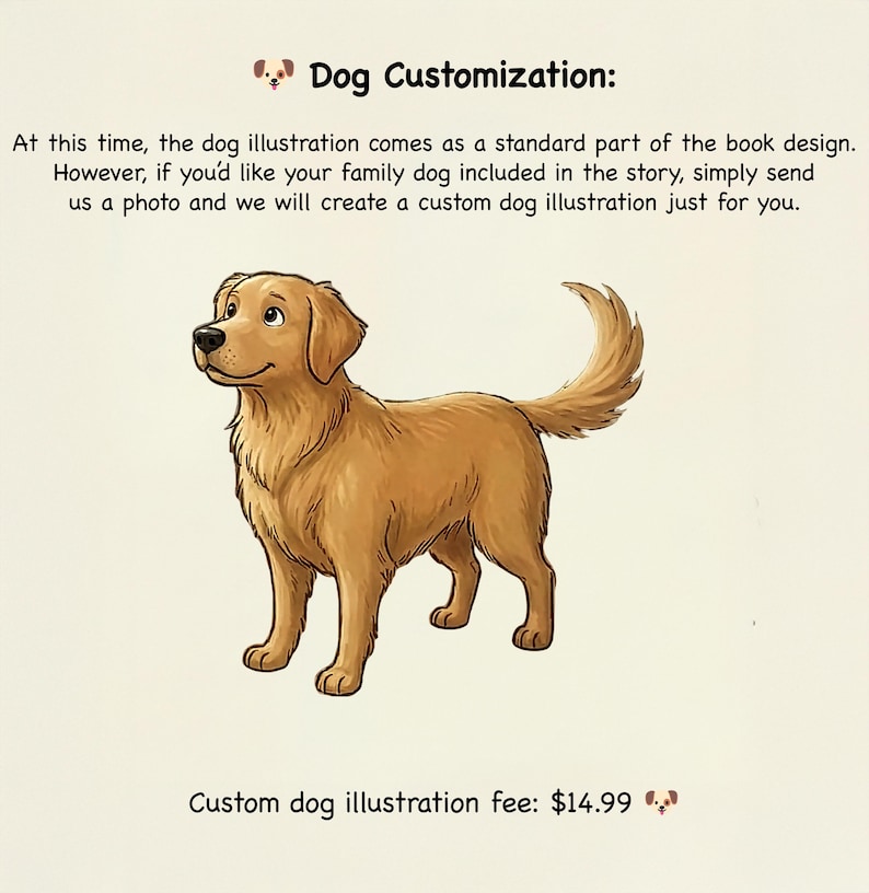 May include: Illustration of a golden retriever dog on a cream background. Text at the top reads "Dog Customization", with information about custom dog illustrations. The image is for a book design, with a friendly cartoon dog.