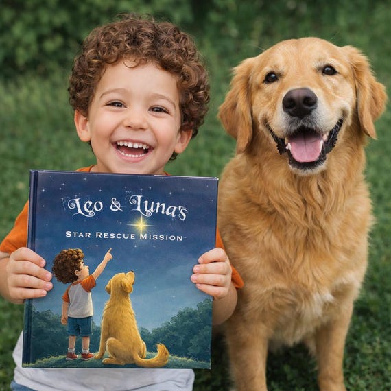 Personalized Kids Adventure Book | Child & Golden Retriever Dog Names | Star Rescue Mission Keepsake