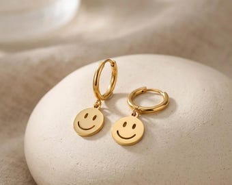 Gold Smiley Face Dangle Huggie Earrings, Minimalist Trendy Jewelry
