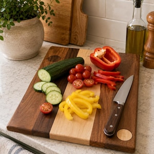 May include: A rectangular wooden chopping board featuring alternating dark and light wood stripes, topped with a sliced cucumber, halved cherry tomatoes, sliced red bell pepper, yellow bell pepper strips, and a stainless steel paring knife.