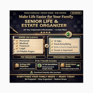 May include: A digital download titled "Senior Life & Estate Organizer" with the text "Make Life Easier for Your Family." The image includes a PDF organizer and a spreadsheet tracker, with a 3-in-1 bundle. The USA edition is highlighted.