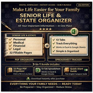 Senior Life & Estate Organizer USA | Family Emergency Binder and End of Life Planner | Important Documents for Aging Parents