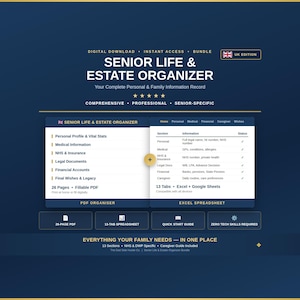 以下が含まれることがあります： 26ページの記入可能なPDFと13個のタブ付きExcelおよびGoogleスプレッドシートを含む、デジタル版シニアライフ＆エステートオーガナイザー。濃紺のレイアウトには、個人情報、医療、保険、法的文書、財務口座、介護に関するセクションが表示されています。