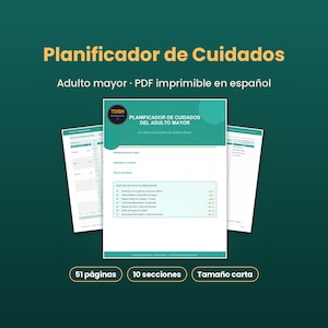 May include: A printable care planner for seniors featuring a teal and white cover page with the text Planificador de Cuidados del Adulto Mayor, accompanied by two interior pages showing medication tracking and daily logs.