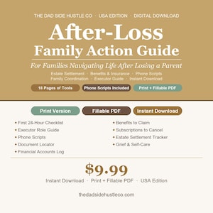 May include: A digital After-Loss Family Action Guide by The Dad Side Hustle Co. USA Edition. This 18-page document includes a first 24-hour checklist, executor role guide, phone scripts, document locator, financial accounts log, and grief resources.