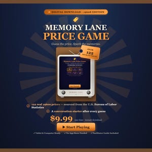 Può includere: Un gioco in download digitale intitolato Memory Lane Price Game 1960s Edition, con una grafica televisiva retrò, un'etichetta che indica oltre 122 prezzi reperiti e un testo che dettaglia 122 prezzi reali degli anni '60.