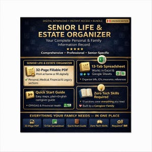 Puede incluir: Un paquete de descarga digital titulado "Senior Life & Estate Organizer" con una pancarta de edición canadiense. El diseño incluye secciones para un PDF rellenable de 32 páginas, una hoja de cálculo de 13 pestañas, una guía de inicio rápido y no se requieren habilidades técnicas.