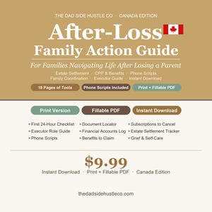 May include: A tan and white guide titled "After-Loss Family Action Guide" with the Canadian flag. The guide is for families navigating life after losing a parent. It includes phone scripts, checklists, and financial tools.