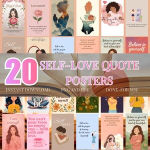 Puede incluir: Un conjunto de 20 carteles de citas de amor propio, disponibles para descarga instantánea en formatos PNG y PDF. Los carteles presentan ilustraciones y textos inspiradores, con una variedad de colores y diseños.