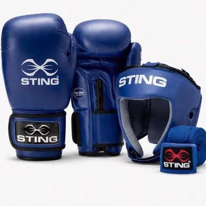 Op de afbeelding: Een set blauwe boksuitrusting bestaande uit twee bokshandschoenen, een hoofdbeschermer en een handwikkel. Elk item is voorzien van het witte STING-logo met een gestileerde afbeelding. De handschoenen hebben zwarte polsbanden en een grijze voering.