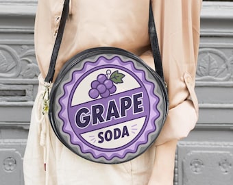 Grape Soda Round Messenger Bag, Purple Retro Soda Crossbody Purse, Cute Bottle Cap Bag, Festival Bag, Gift for Her, Theme Park Bag
