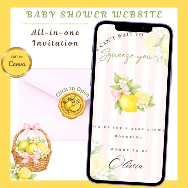 Animerad inbjudan till babyshower med rosa citron | Inbjudan till webbplats med citrus Canva | Redigerbar OSA, nedräkning, digital nedladdning