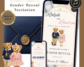 May include: A digital gender reveal invitation displayed on two smartphones, featuring two teddy bears, one in a navy sweater and khaki pants, the other in a pink plaid dress. The text reads Ralph or Lauren, What Will Baby Be, and The Big Reveal.