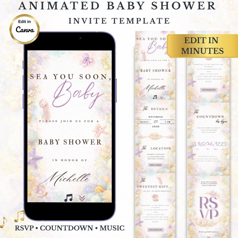 Animated Baby Shower Invitation Template | Sea You Soon Baby | Canva ...