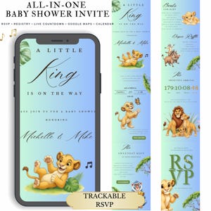 May include: A digital baby shower invitation on a smartphone, featuring a Simba theme. The design includes the text "A Little King is on the Way" and "Michelle & Mike". Additional panels showcase event details and RSVP information.
