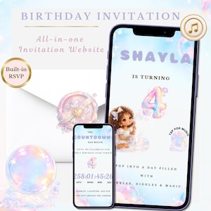 Uitnodiging voor een meisjesverjaardag met bubbels | Pastel Bubble Topia website-uitnodiging | RSVP | Aftellen | Digitale uitnodiging voor een bubbelfeest | Kinderfeest